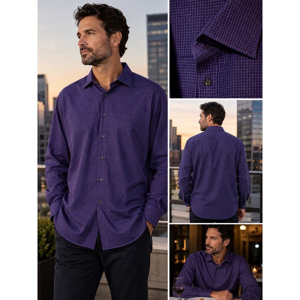 Hickey Freeman Mens XXL Purple Micro Check Cotton Button Down Long Sleeve Shirt